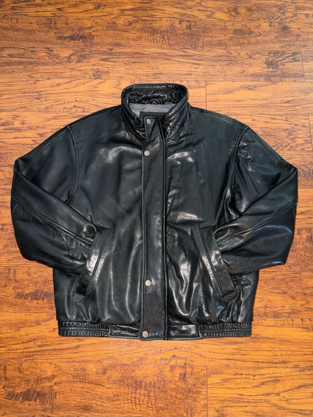 Perry Ellis Portfolio Black Leather Bomber Jacket Size L